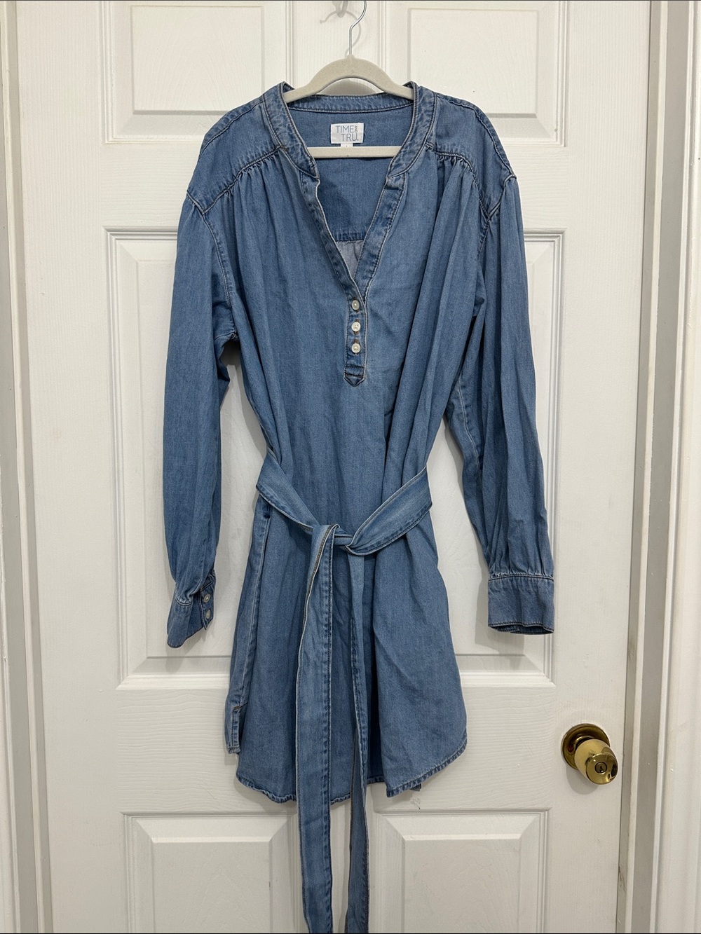 Time and Tru Light Blue Denim Tunic with Waist Tie